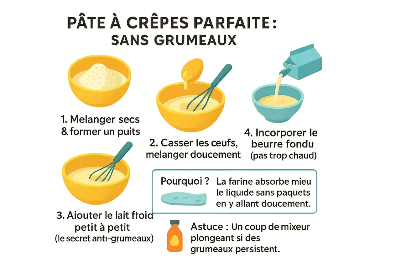 Étapes pour une recette de crêpes parfaite sans grumeaux : mélanger les ingrédients secs, ajouter les œufs, puis le lait froid petit à petit.