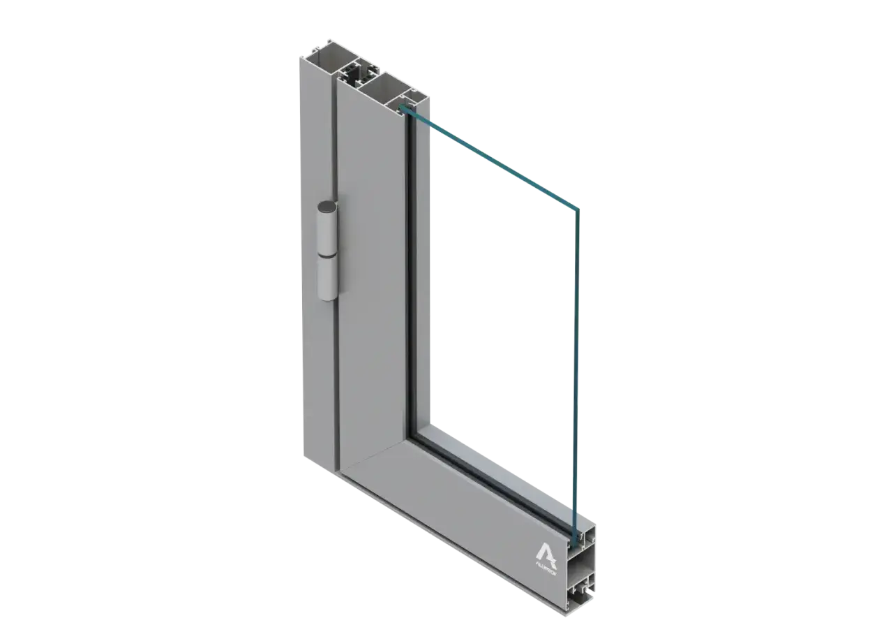 Przekrój okna Aluprof MB-45 z widocznym profilem aluminiowym, zawiasem i szybą.