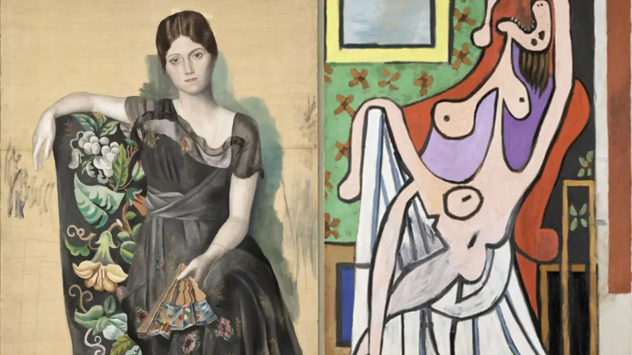 Dos cuadros de Picasso: una mujer elegante sentada y otra figura femenina abstracta.
