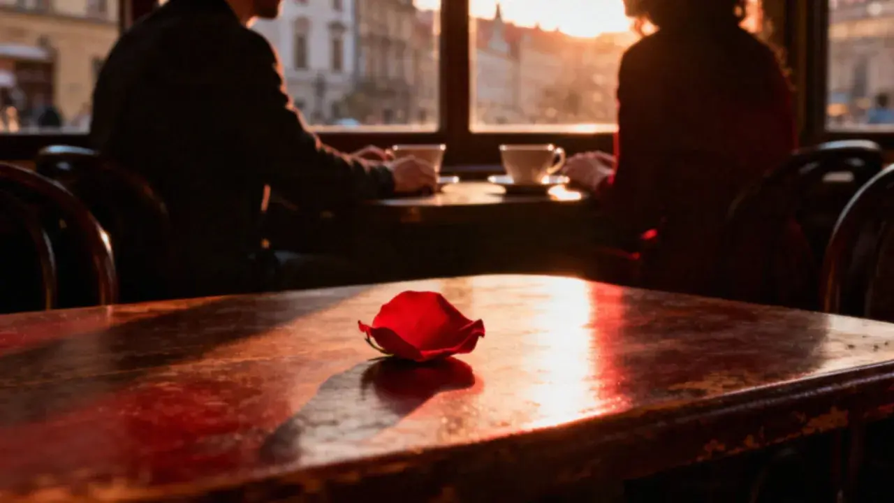 Romantyczny wieczór w kawiarni. Płatek róży na stole, para przy kawie. Tak można pokazać dziewczynie, że ją kocham.