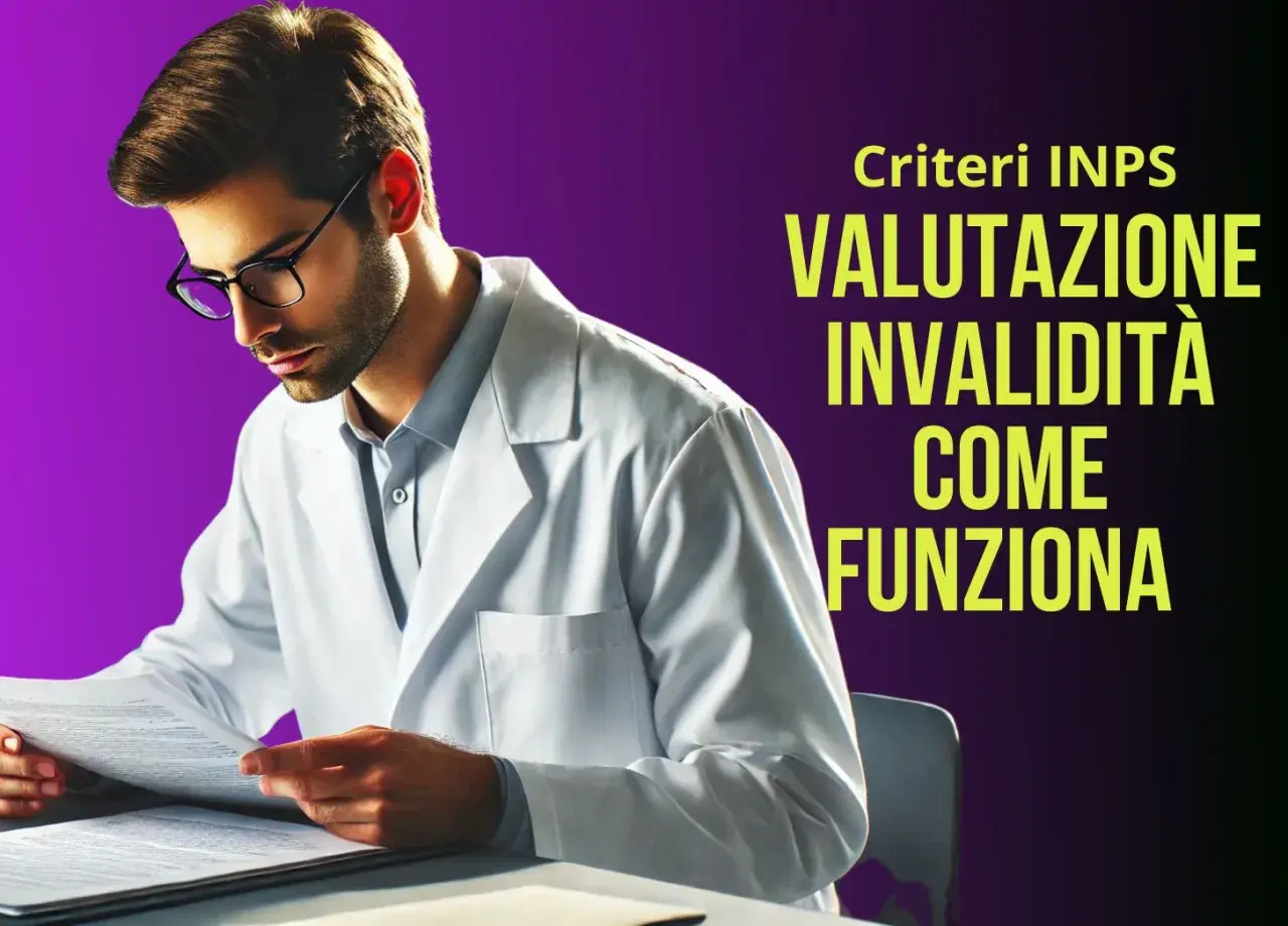 Medico con camice bianco esamina documenti, illustrando i criteri INPS per la valutazione dell'invalidità civile e come funziona.