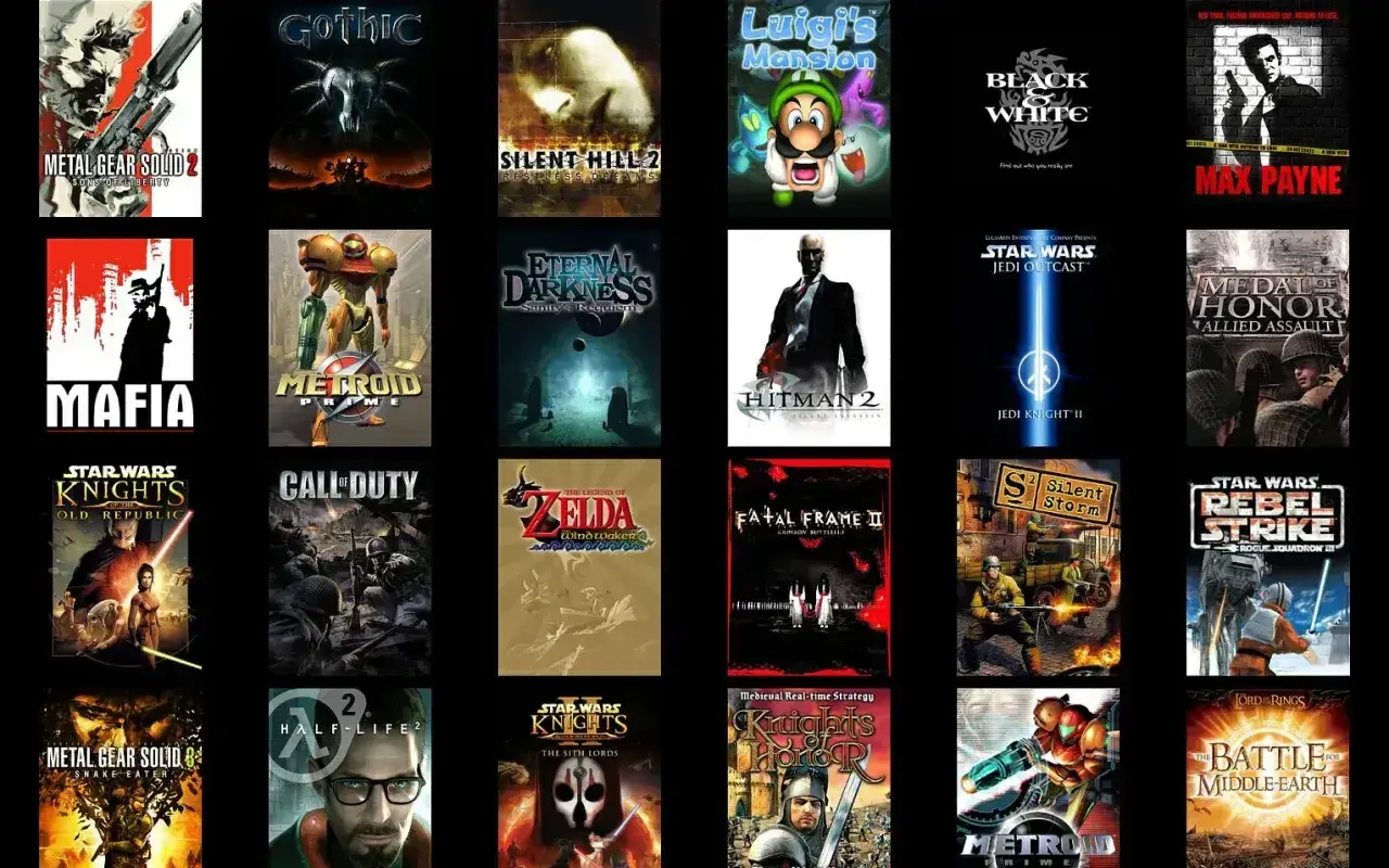 W co grac? Kolekcja okładek gier: Metal Gear Solid, Gothic, Silent Hill 2, Luigi's Mansion, Mafia, Metroid Prime, Hitman 2, Star Wars, Call of Duty, Zelda, Fatal Frame II, Half-Life 2.