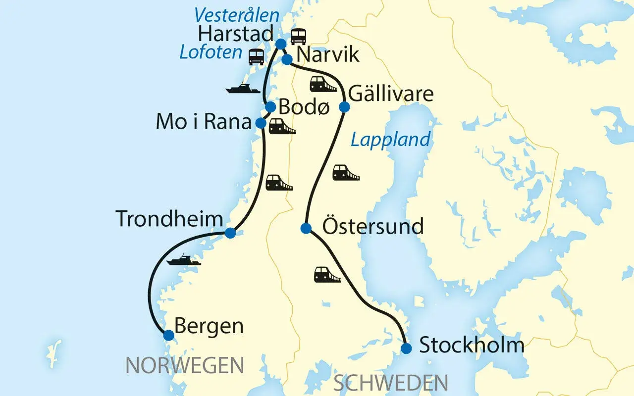 Karte zeigt eine Route durch Norwegen und Schweden, mit Zügen und Schiffen. Die schwedische Bahn verbindet Stockholm mit Östersund und Gällivare.