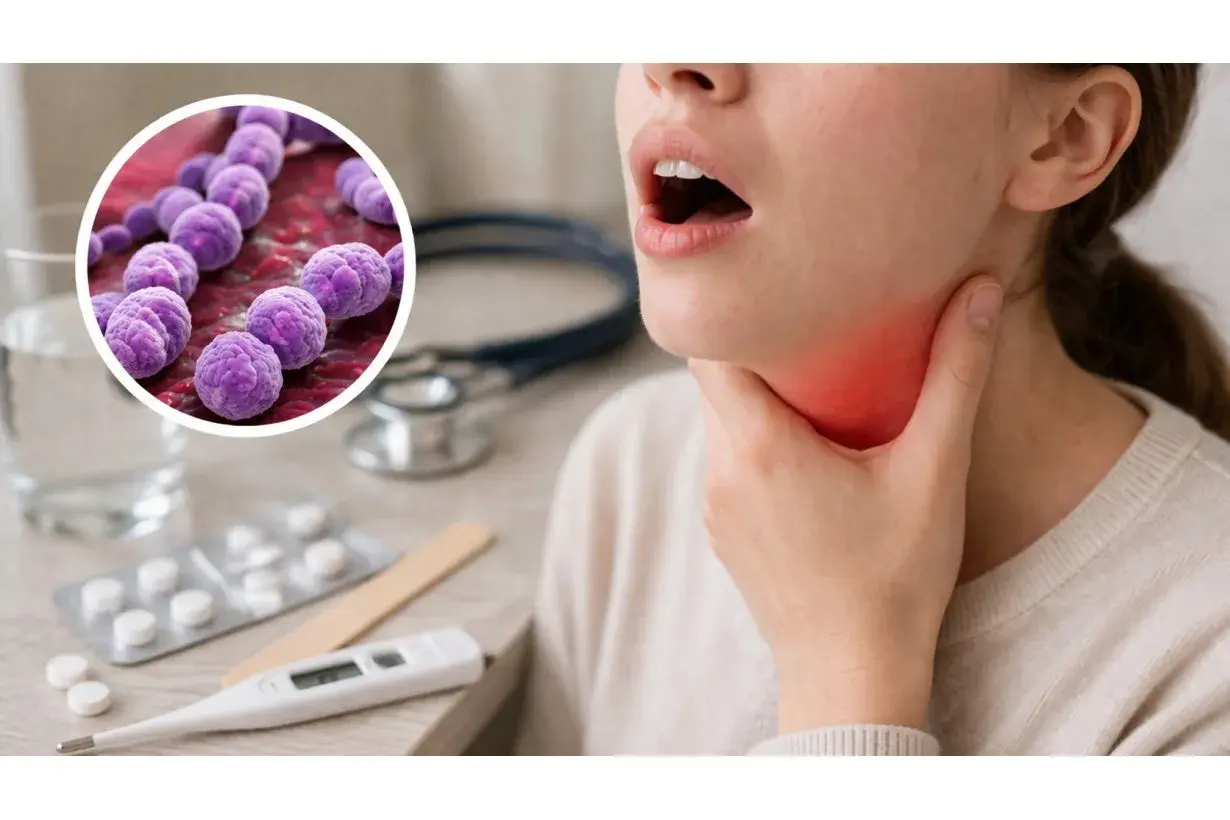 Ingrandimento di streptococchi viola, con una persona che si tocca la gola arrossata. Termometro e pillole suggeriscono i sintomi streptococco bambini.