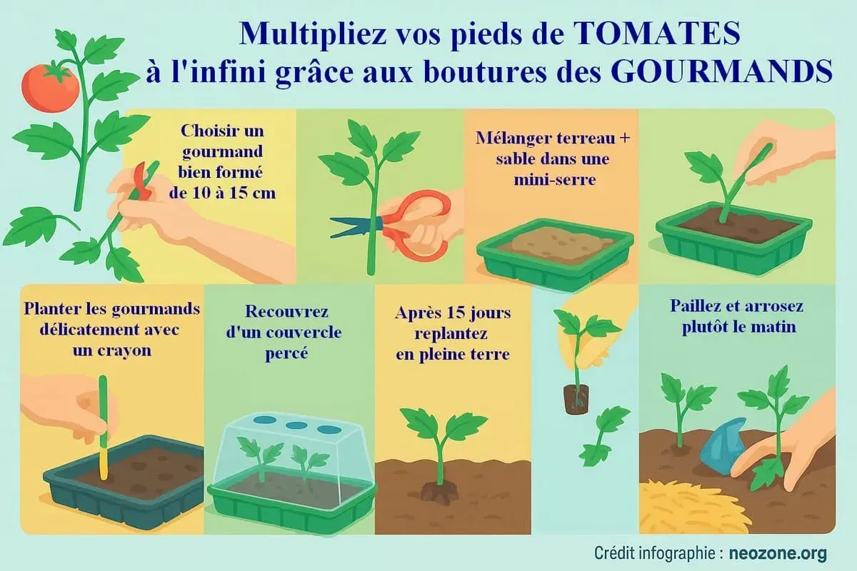 Guide illustré pour l'entretien pied de tomate : bouturage des gourmands, plantation et arrosage pour multiplier vos plants.
