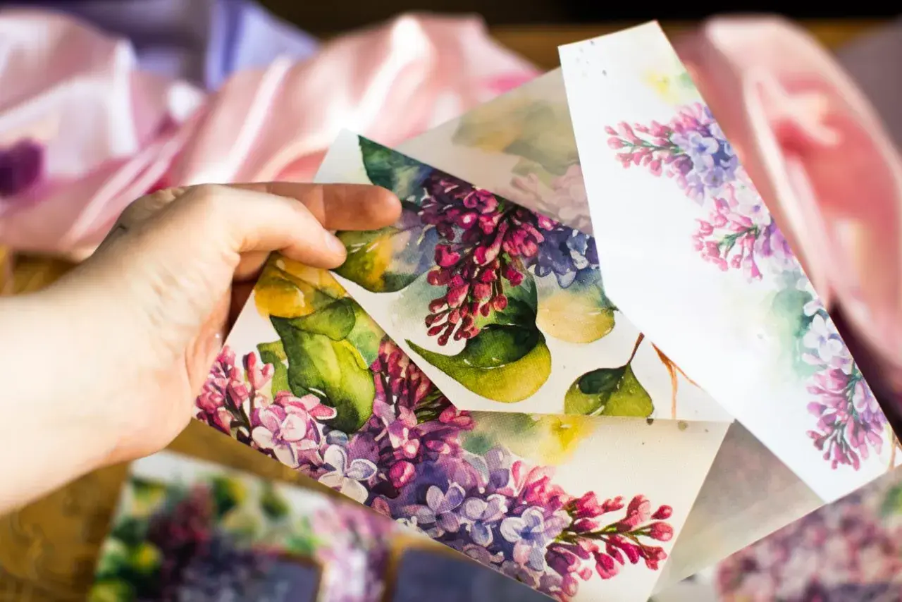 Ręcznie robione zaproszenia ślubne diy z motywem bzu. Delikatne akwarele na papierze.