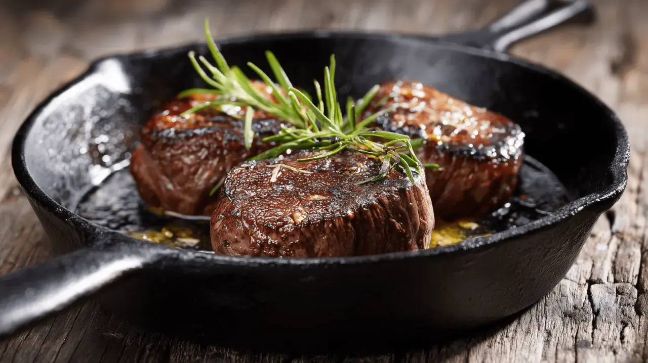 Trois tournedos saisis à la poêle, garnis de romarin frais. Une recette simple pour un plat savoureux.