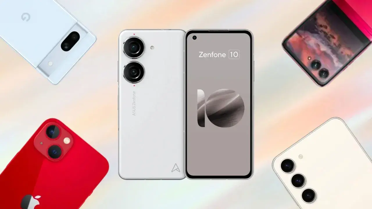 Nowe marki telefonów: biały ASUS Zenfone 10, czerwony iPhone, biały Pixel i kremowy Samsung.