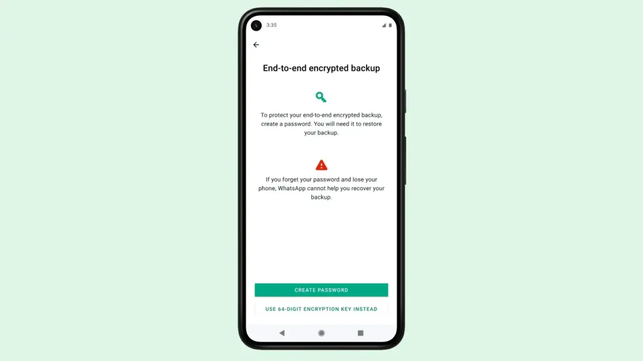 Ekran telefonu z opcją tworzenia hasła do szyfrowanej kopii zapasowej WhatsApp. Pamiętaj, by nie zgubić hasła!