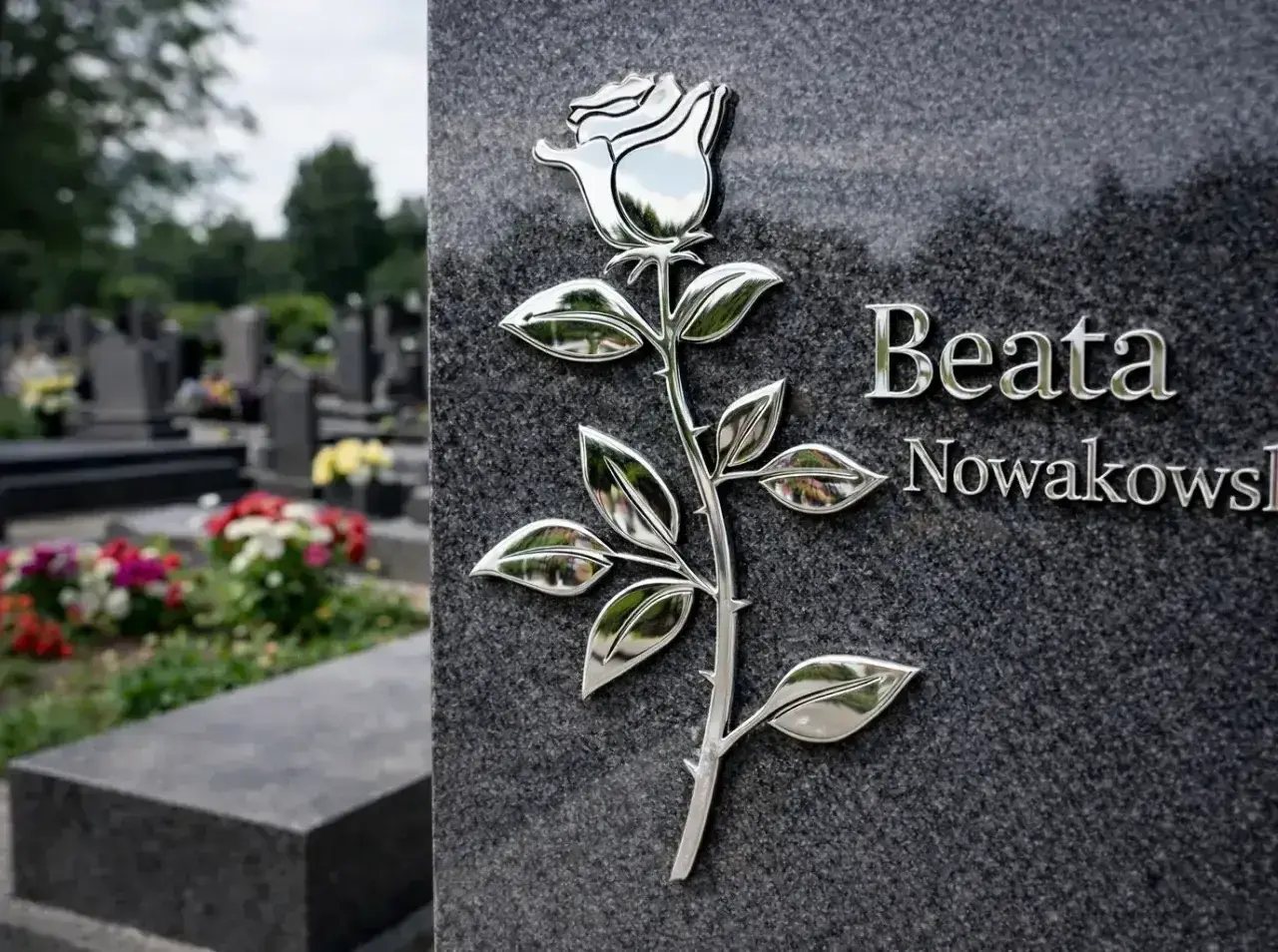 Na nagrobku Beaty Nowakowskiej widnieje metalowa róża, symbol miłości i pamięci. W tle cmentarz.