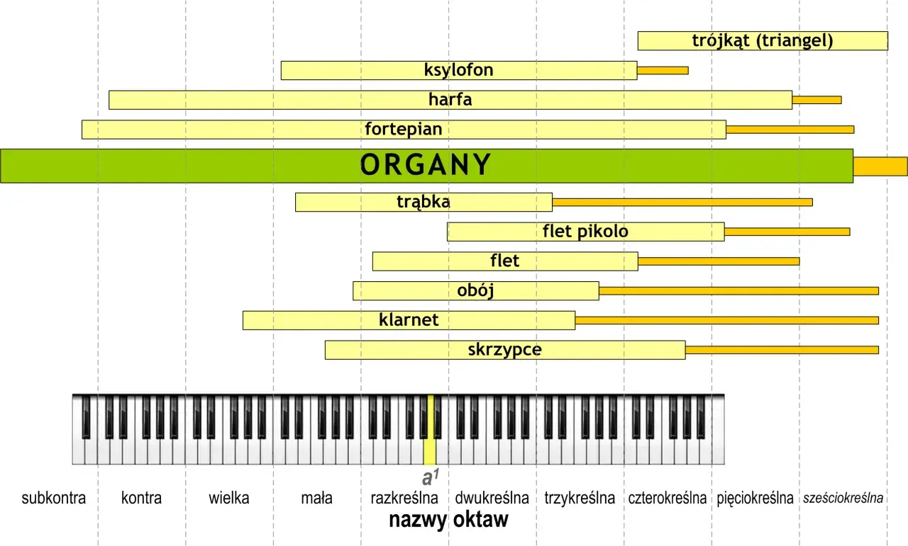 Diagram przedstawia zakresy dźwięków instrumentów, od niskich po wysokie. Organy obejmują najszerszy zakres, tworząc potencjalną kakofonię dźwięków.