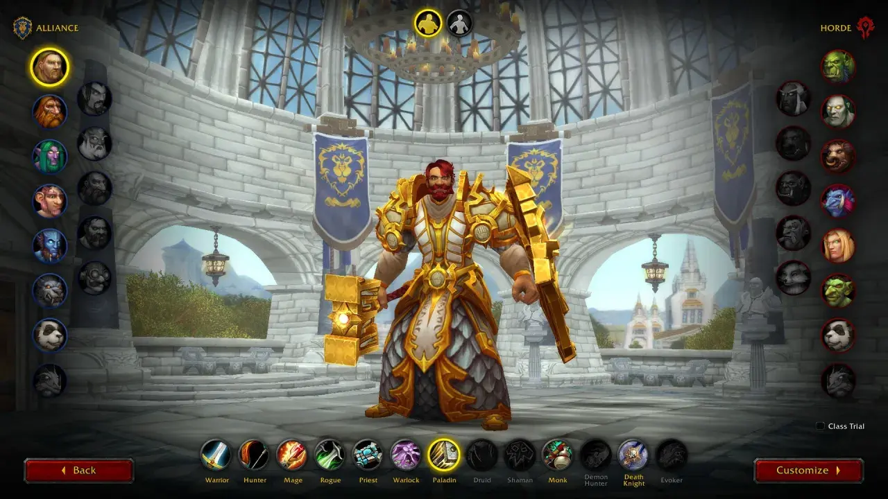 Paladyn w złotej zbroi, gotowy do walki. Wybór postaci w grze, wow klasy!