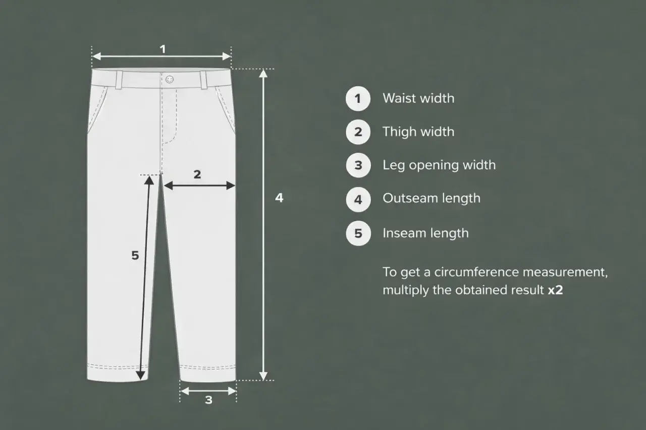 Diagram showing how to measure pants, with the crotch inseam indicated by the number 5.