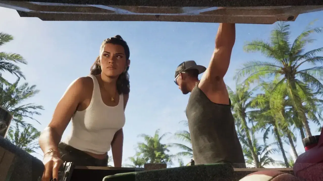 Kobieta i mężczyzna w tropikalnym otoczeniu, przygotowujący się do akcji w GTA 6 PC.