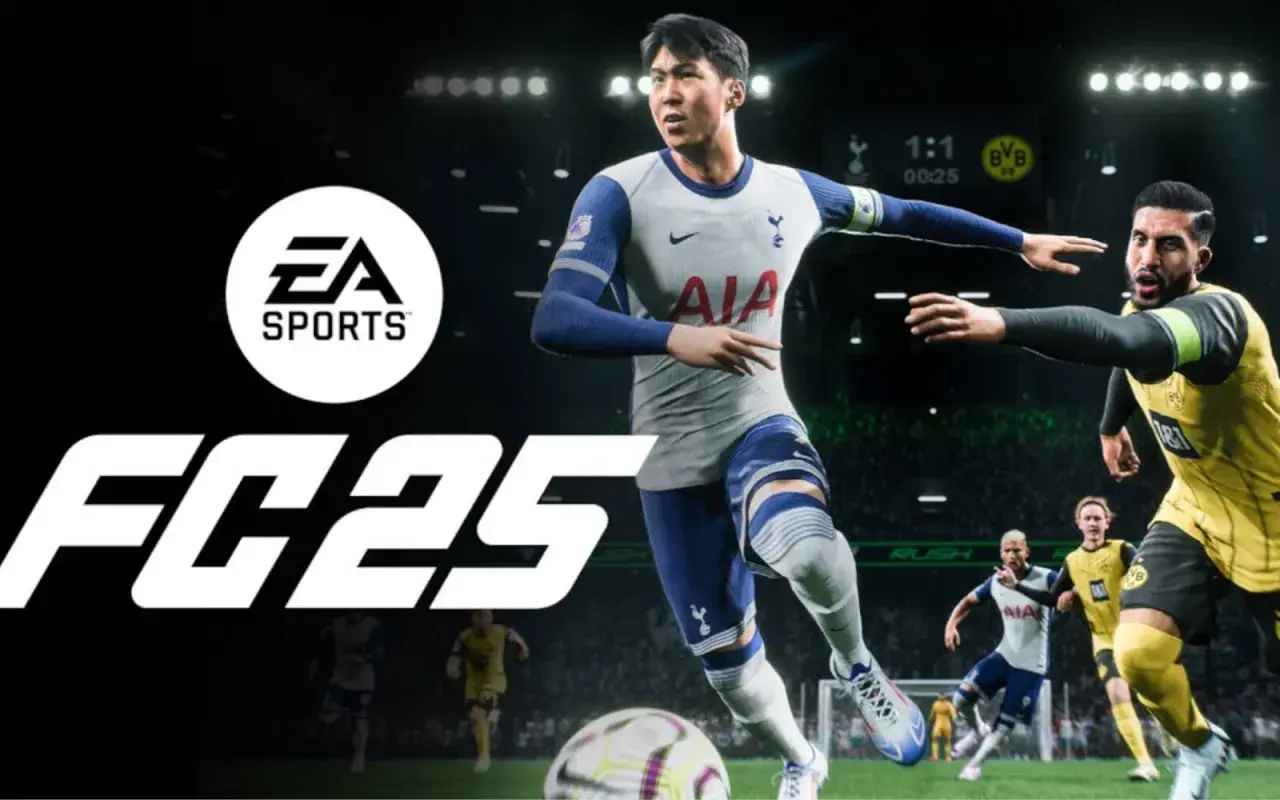 EA SPORTS FC 25 na PS4. Dynamiczna akcja na boisku, piłkarze w akcji, logo gry i EA SPORTS.