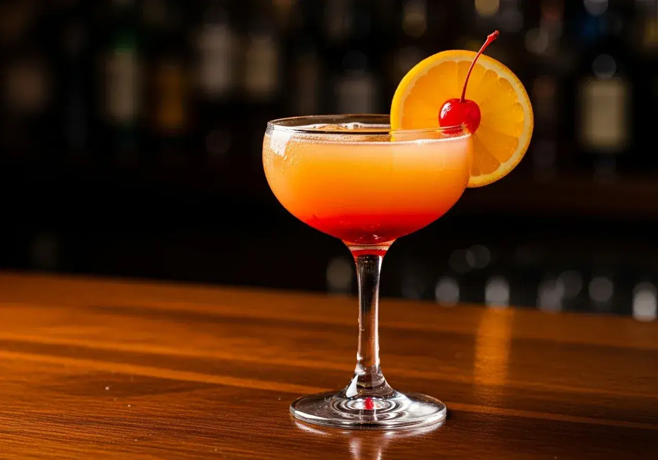 En vacker tequila sunrise med lager av orange och rött, garnerad med en apelsinskiva och körsbär.
