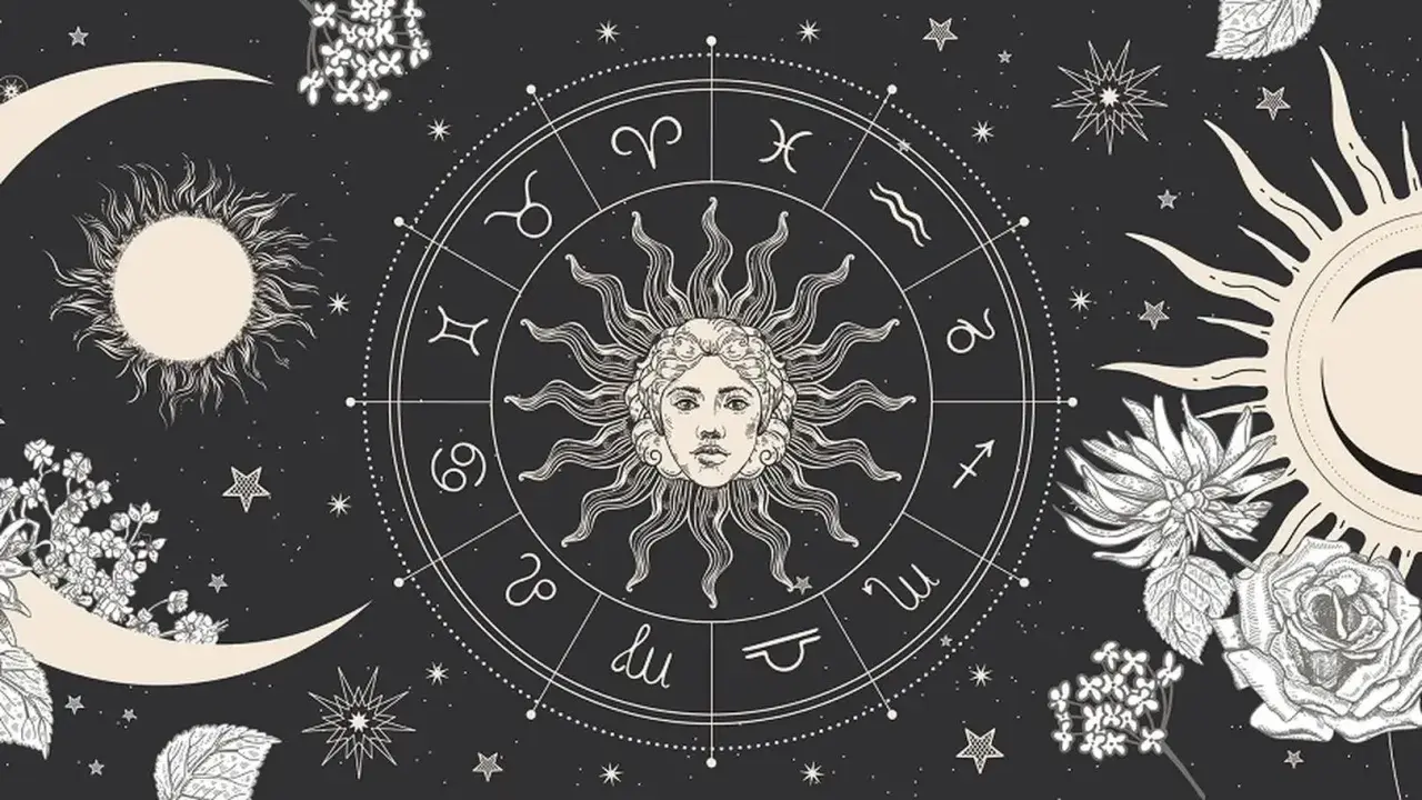 Zodiakalny krąg z twarzą Słońca w centrum, otoczony symbolami i księżycem. To obraz, który przywołuje żywioł ziemi i kosmiczne tajemnice.