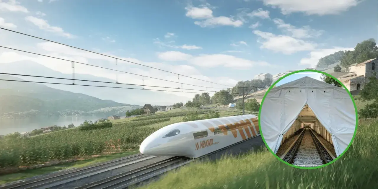 Nowoczesne pociągi elektryczne pędzą przez malownicze krajobrazy. W oddali widać tunel tymczasowy nad torami.