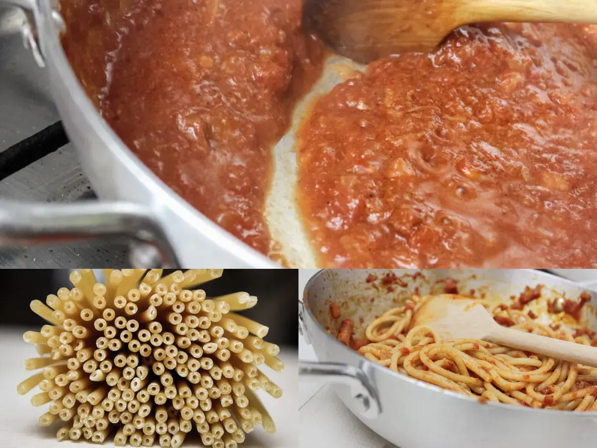 Sos pomidorowy gotuje się w patelni, obok leży pęczek makaronu bucatini. Gotowe bucatini amatriciana w garnku.