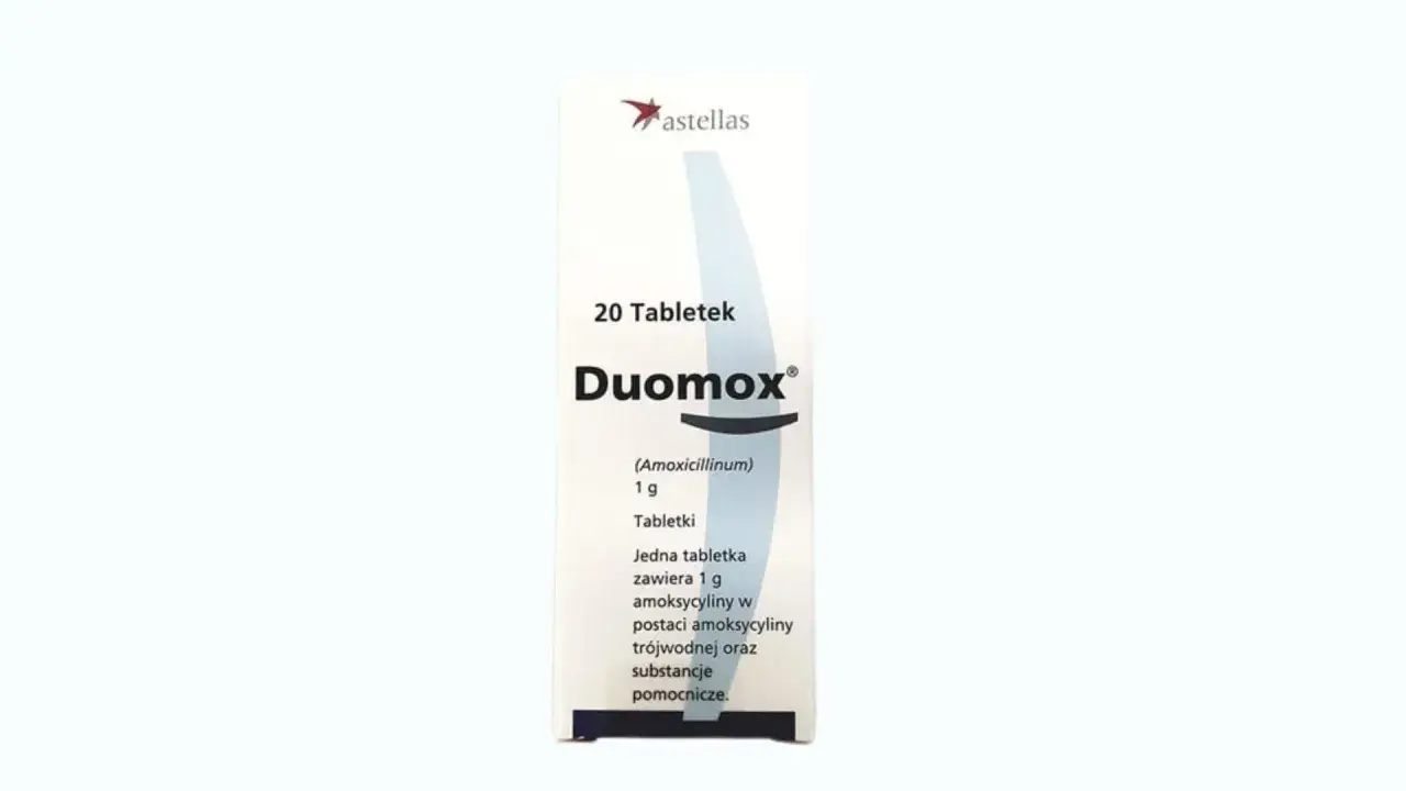 Opakowanie leku Duomox, zawierające 20 tabletek po 1g amoksycyliny. Stosowany na infekcje bakteryjne.