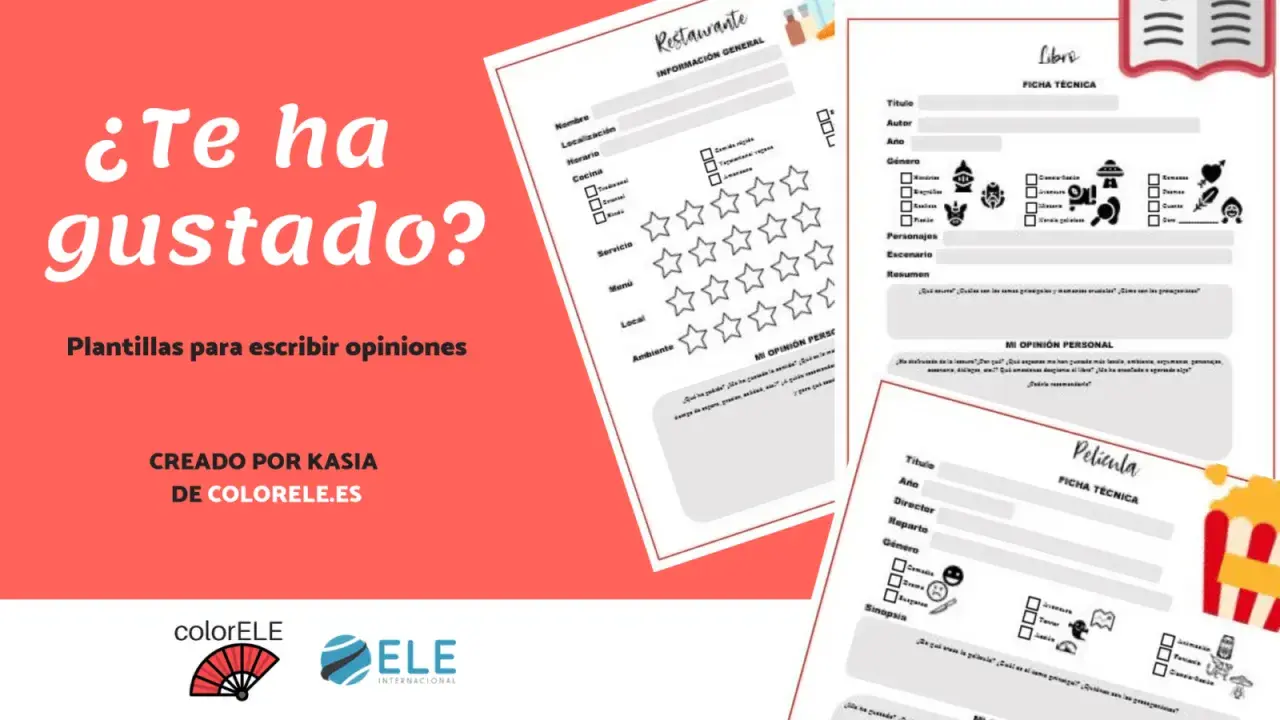 Plantilla para escribir opiniones de restaurantes, libros y películas. Incluye campos para información general, personajes, resumen y opinión personal.