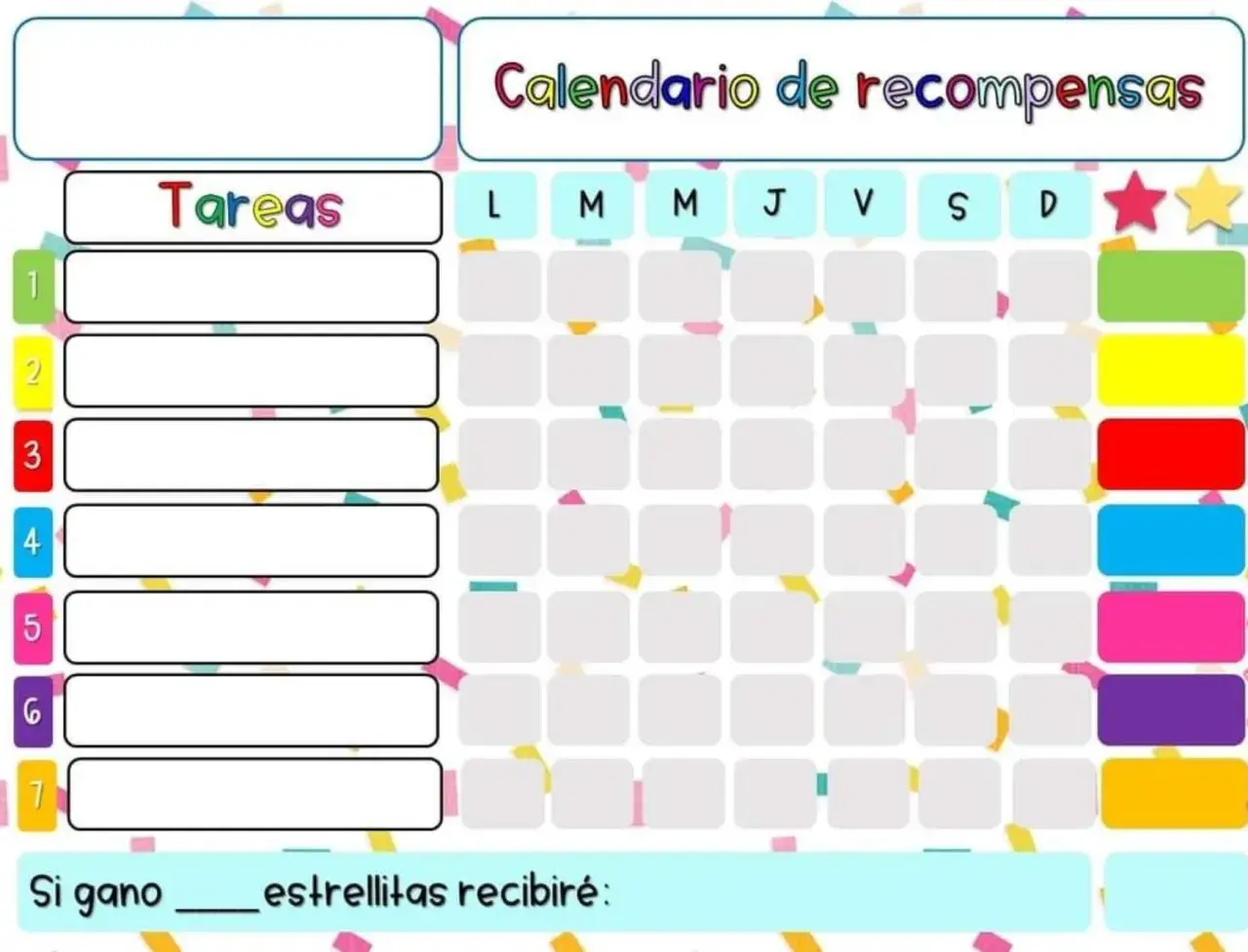 Calendario de recompensas para la economía de fichas. Muestra tareas y casillas para registrar el progreso diario y las estrellas ganadas.