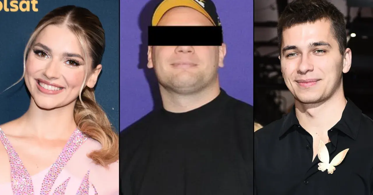 Ktoś został przyłapany na kłamstwie w ostatnim vlogu. Na zdjęciu influencerka w różowej sukni, mężczyzna z zakrytą twarzą i młody mężczyzna w czarnej koszuli z broszką.