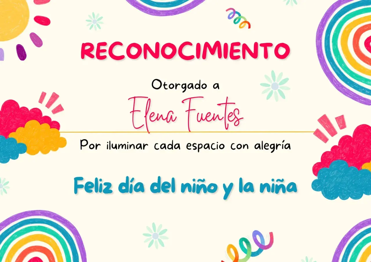 Reconocimiento para Elena Fuentes, con frases fin de curso infantil. Celebra la alegría y el día del niño.