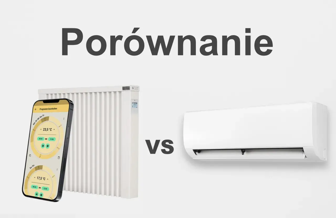 Porównanie tradycyjnego grzejnika z klimakonwektorem. Na ekranie telefonu widać aplikację do sterowania temperaturą.