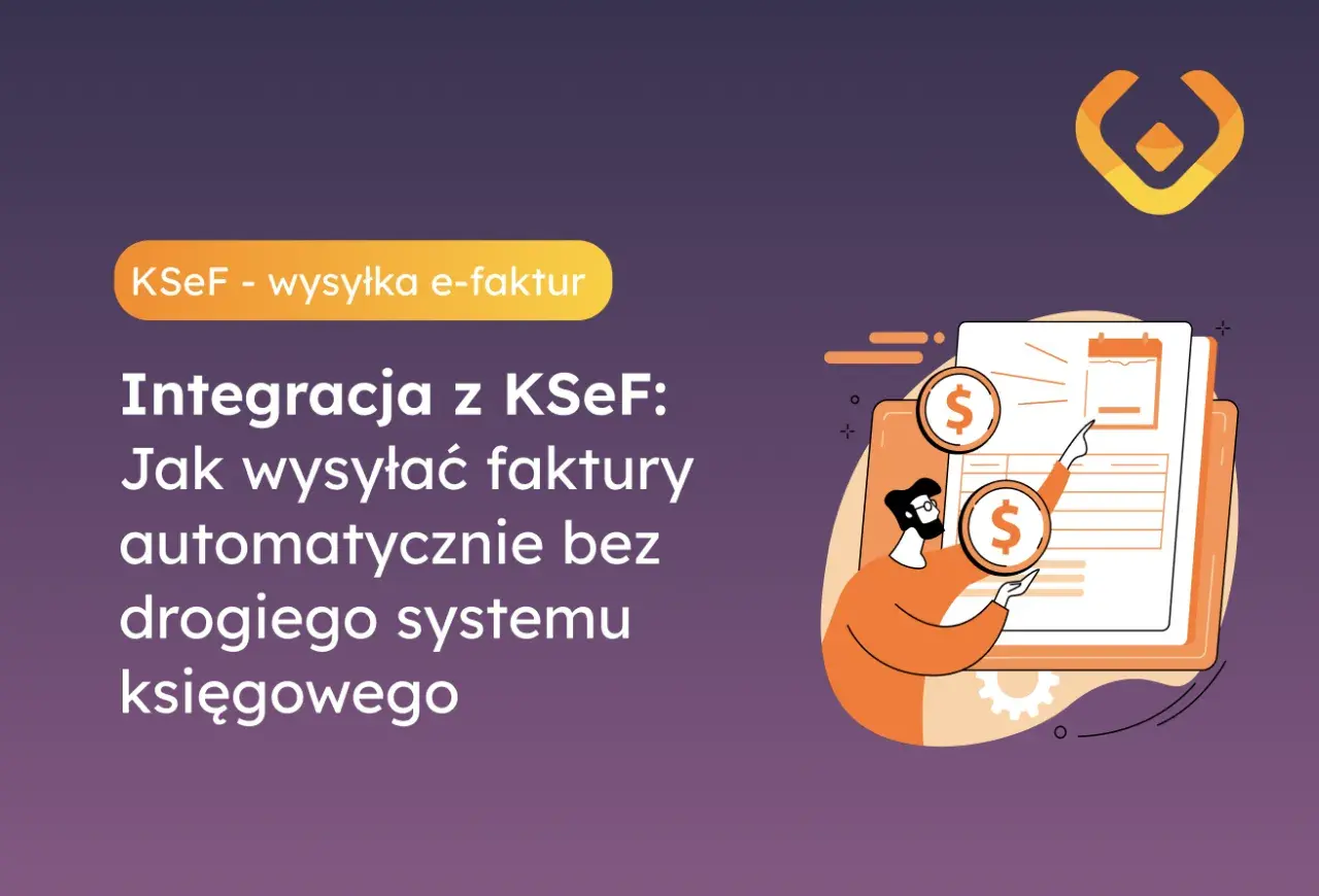 Integracja z KSeF ułatwia wysyłkę faktur WooCommerce. Ilustracja pokazuje mężczyznę z monetami i dokumenty, symbolizujące finanse i faktury.
