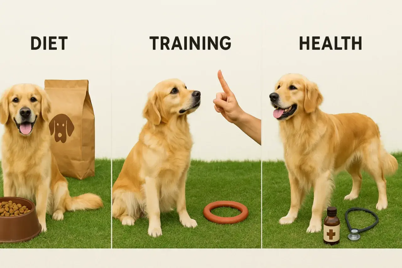 Golden retriever feliz junto a su comida, aprendiendo trucos y cuidando su salud.