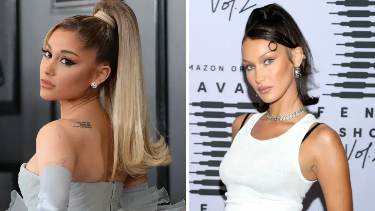 Dwie gwiazdy prezentują elegancki wysoki kucyk: Ariana Grande w blondzie i Bella Hadid w ciemnych włosach.