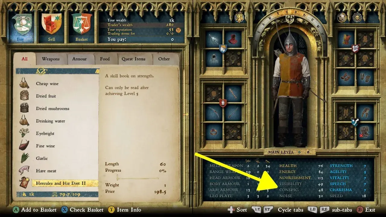 Interfejs gry Kingdom Come: Deliverance. Gracz przegląda przedmioty, szukając książki "Hercules and His Diet II", która może być kluczem do rozwoju postaci, niczym w Kingdom Come Deliverance trainer.