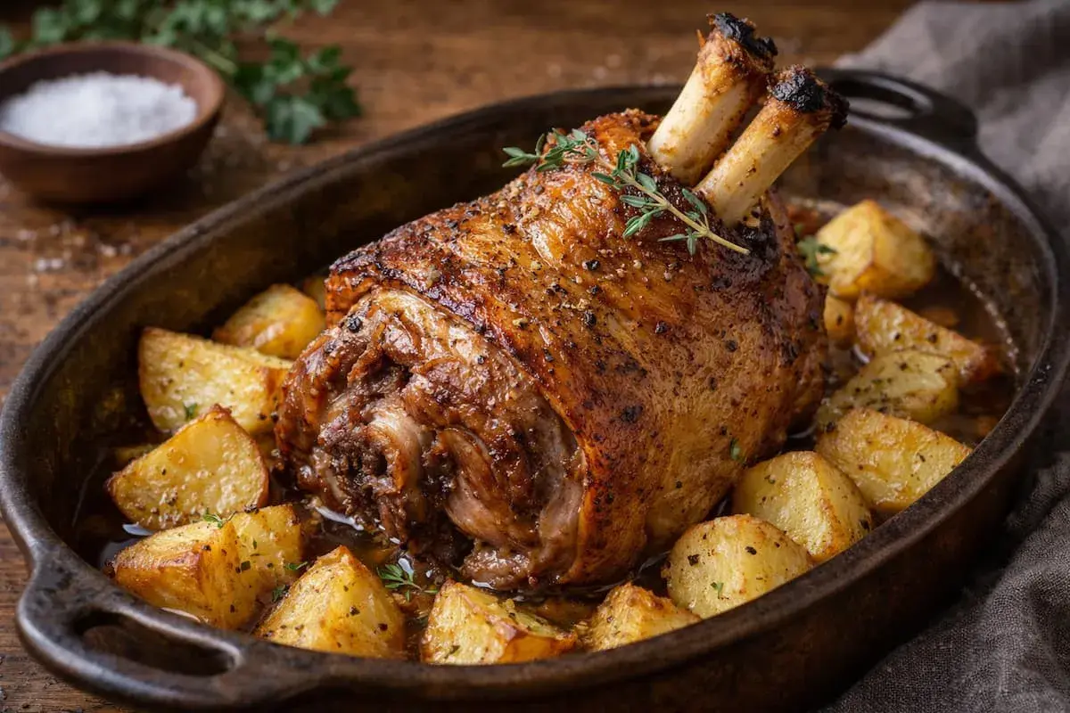 Un jarret de porc rôti, doré et croustillant, servi avec des pommes de terre coupées en dés dans un plat en fonte. Une herbe aromatique décore le plat.