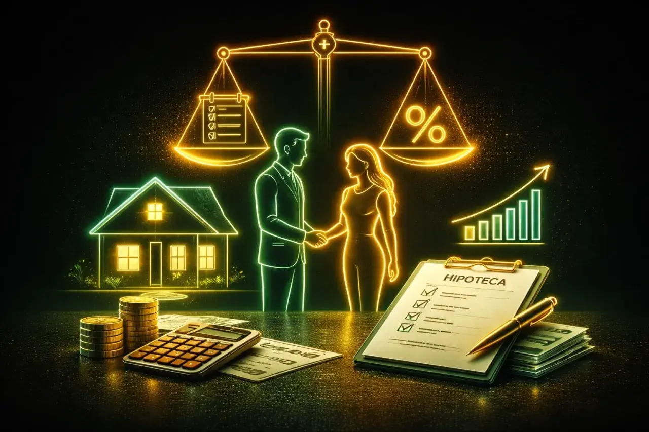 Una pareja se da la mano, simbolizando la tasación hipotecaria. Una casa, calculadora, monedas y un gráfico de crecimiento completan la escena.