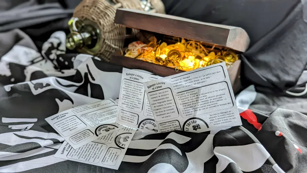 Un coffre au trésor ouvert, rempli de pièces d'or, est entouré de cartes de jeu sur le thème des pirates. Ces cartes expliquent c'est quoi un dialogue, avec des contextes et des objectifs pour écrire des scènes.
