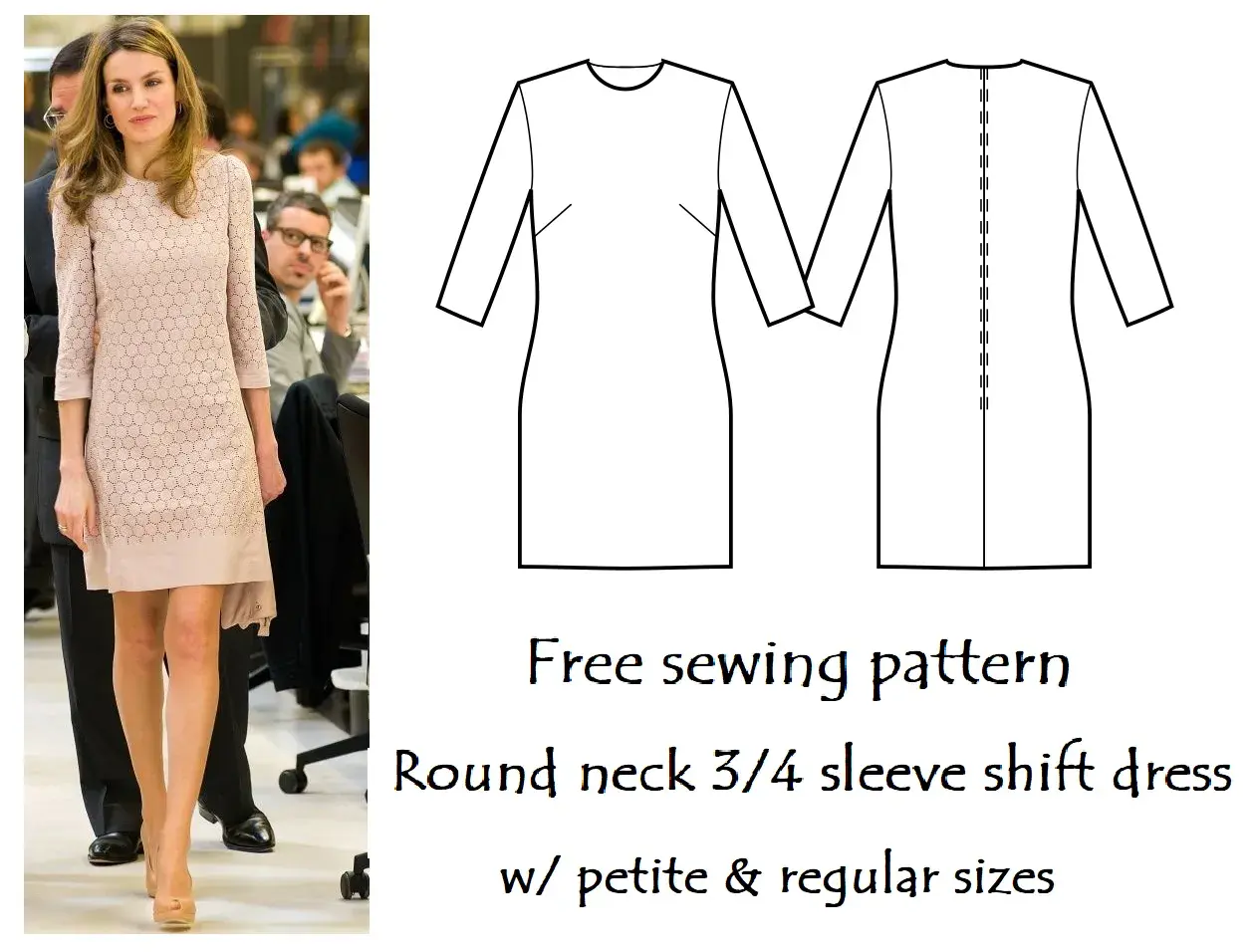 Free shift dress pattern for a round neck, 3/4 sleeve design, available in petite and regular sizes.