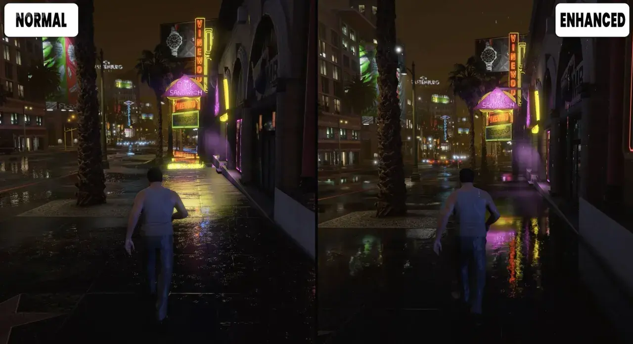 Porównanie grafiki GTA V: normalna vs. enhanced. Po prawej stronie widać ulepszoną wersję z lepszymi odbiciami i oświetleniem.