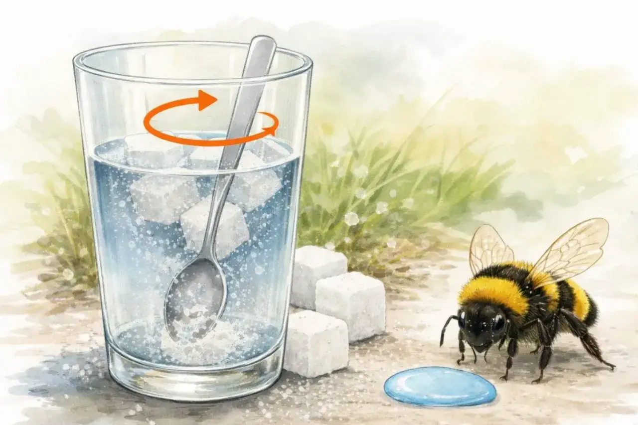 Eine Hummel schaut neugierig auf einen zuckerwürfel-gesüßten Drink. So erfahren wir, was fressen Hummeln: Zuckerwasser!