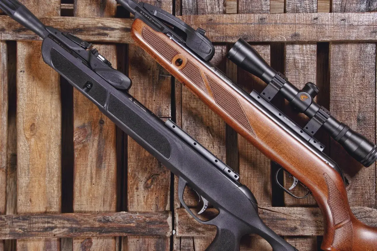 Deux carabines à plomb, l'une noire et l'autre en bois, reposent sur des lattes de bois. Le ressort de la carabine à plomb 30 joules est prêt à l'action.