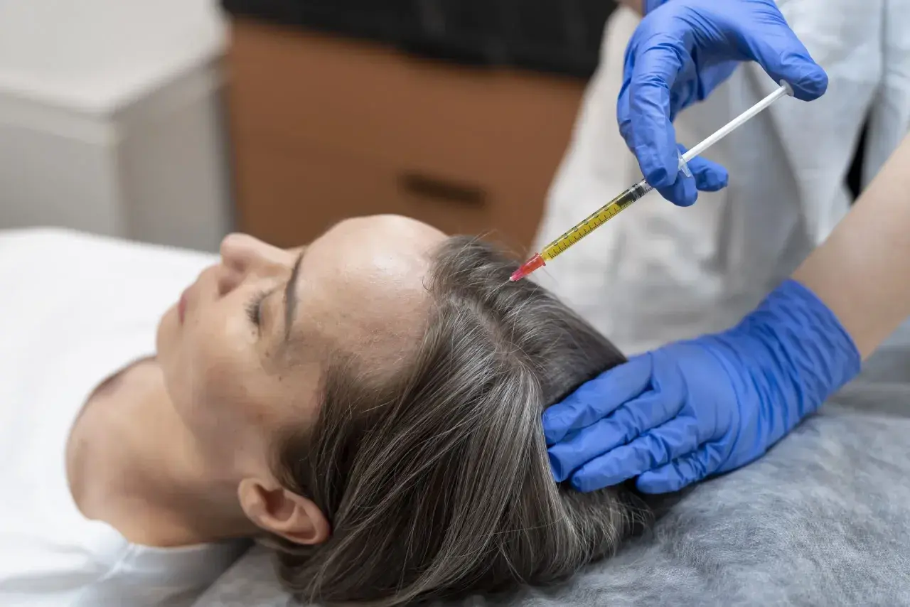 Una mano enguantada inyecta líquido en el cuero cabelludo de una mujer. Podría aliviar el dolor o estimular el crecimiento del cabello.