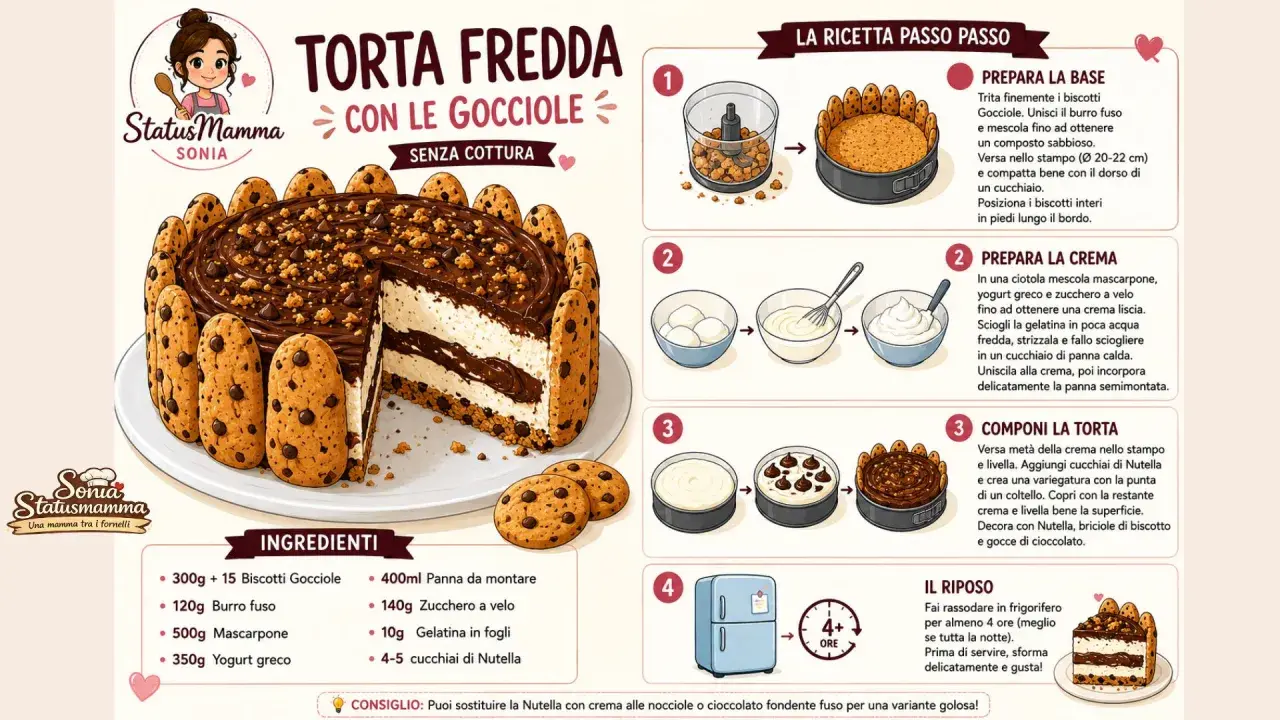 Torta fredda con gocciole, decorata con biscotti e ricoperta di cioccolato. Una delizia per ogni occasione.