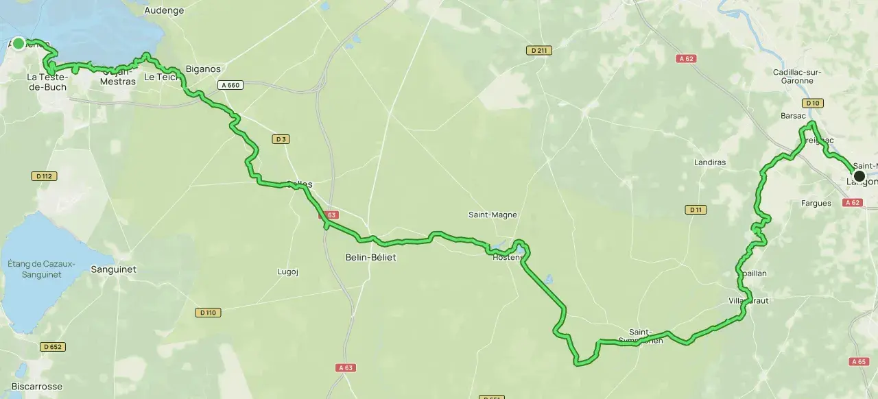 Carte d'un parcours cyclable, le gr 6, traversant des forêts et des villages comme La Teste-de-Buch, Belin-Béliet et Barsac.