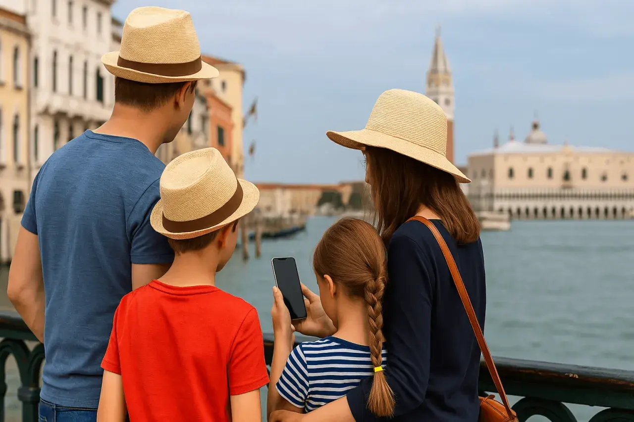 Famiglia con bambini a Venezia, con il padre e il figlio che indossano cappelli di paglia, mentre la madre mostra qualcosa sul telefono.