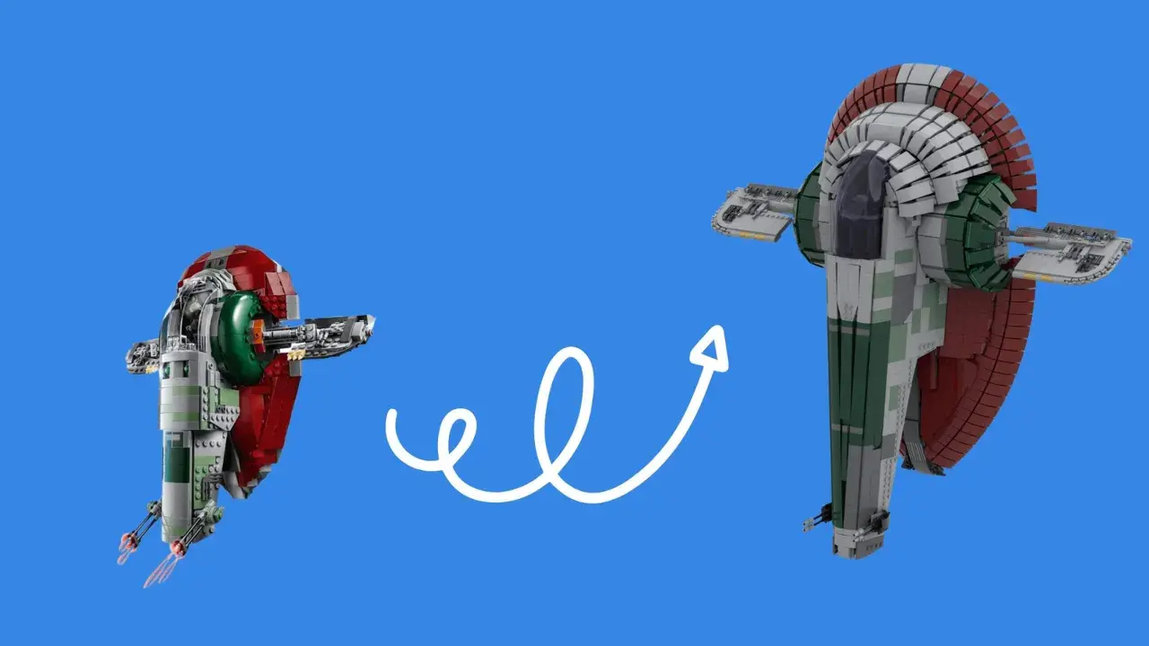 Ein MOC (My Own Creation) von Boba Fetts Schiff, Slave I, aus LEGO-Steinen. Links die kleinere Version, rechts die größere.