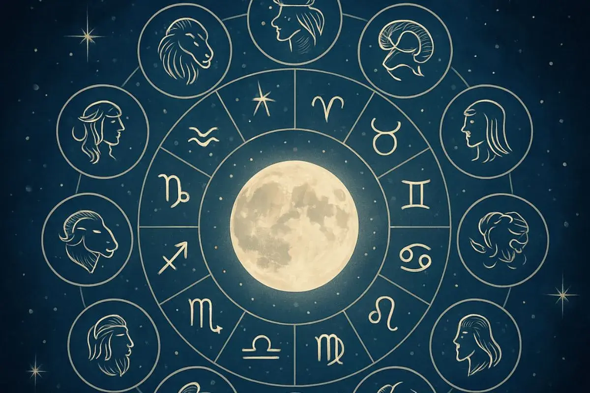 Koło zodiaku z Księżycem w centrum. Widoczne symbole i wizerunki znaków zodiaku, w tym Skorpiona. Sprawdź swój horoskop skorpion na przyszły tydzień.