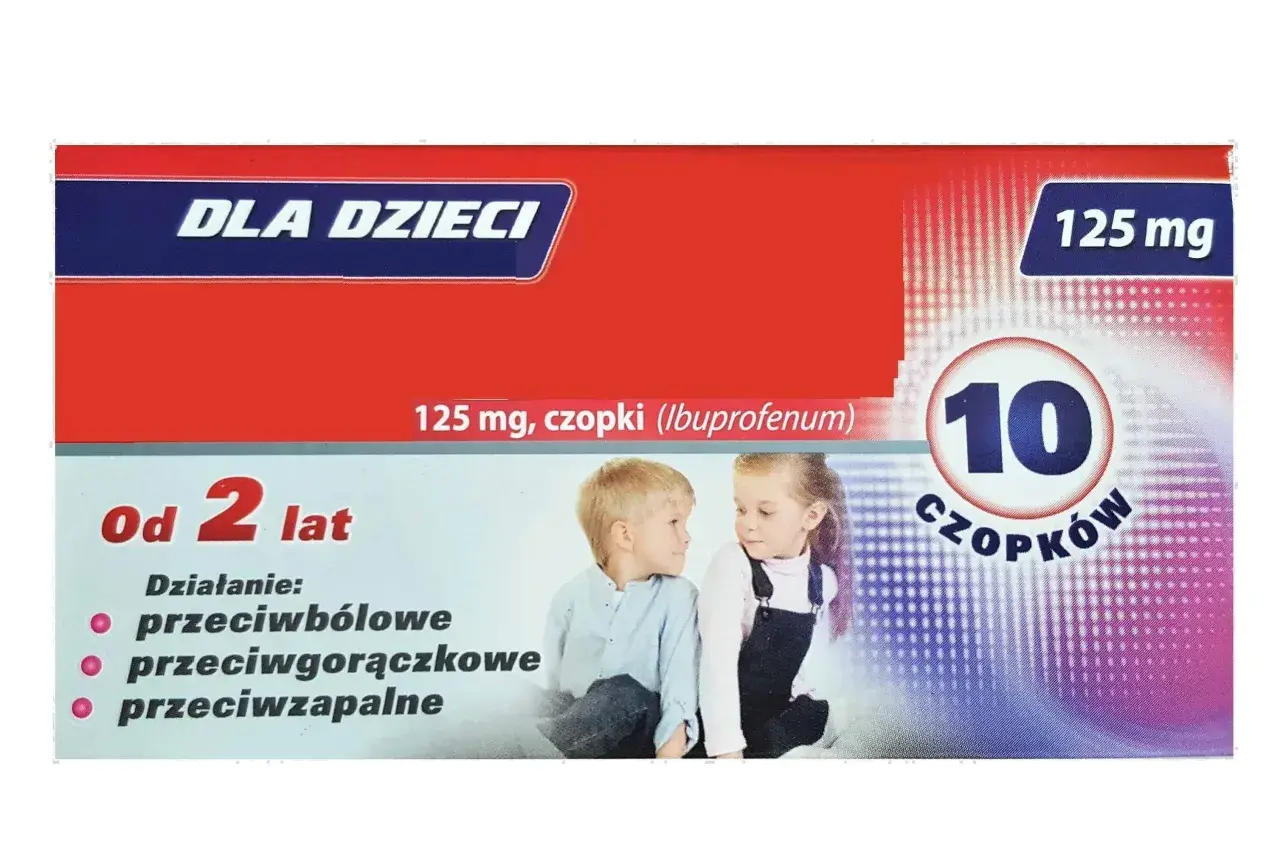 Opakowanie Ibufen Forte dla dzieci, 125 mg, czopki. Dla dzieci od 2 lat, działanie przeciwbólowe, przeciwgorączkowe, przeciwzapalne.
