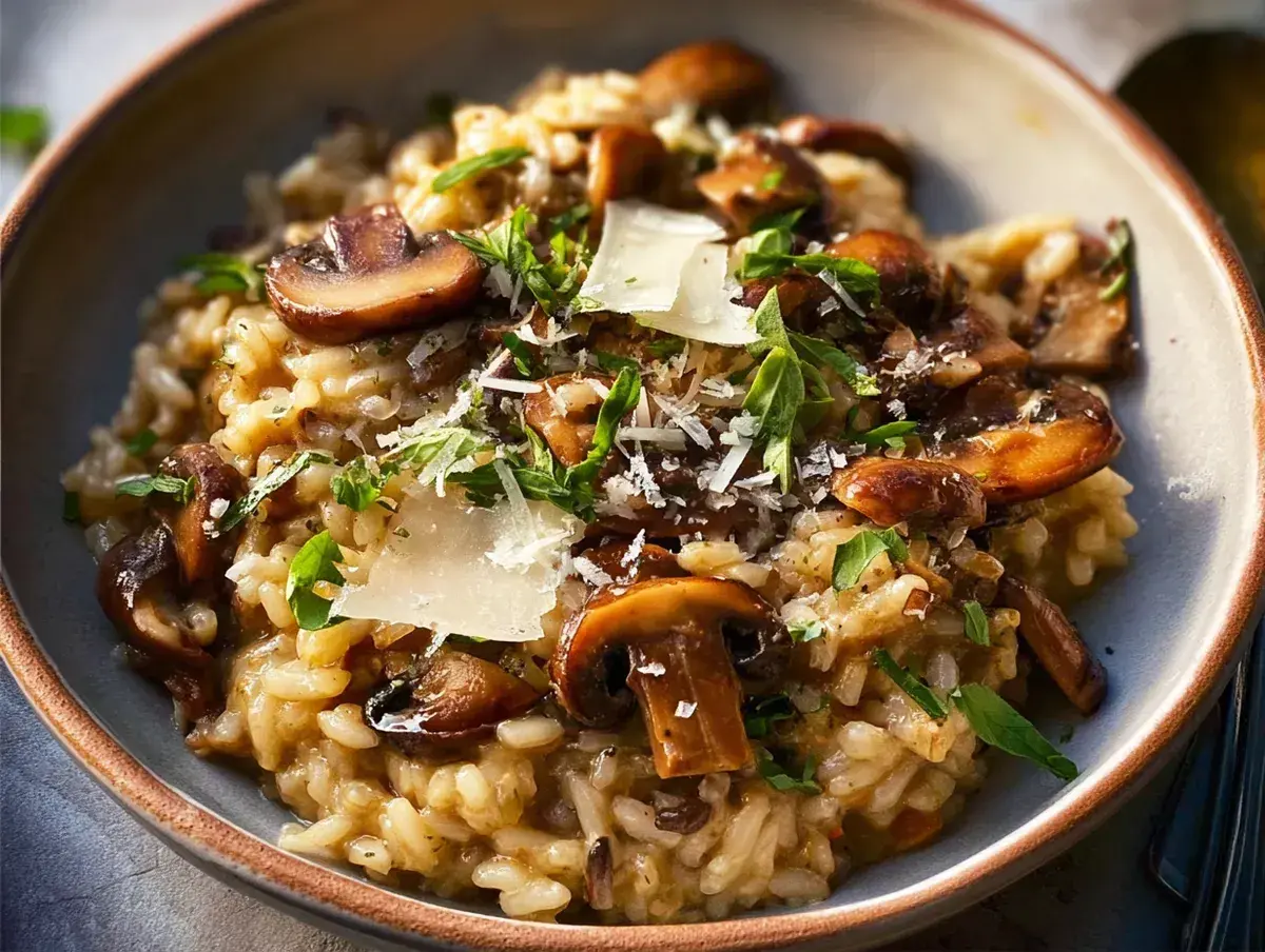 Krämig svamprisotto med parmesan och färska örter. Ett perfekt risotto recept för en mysig middag.