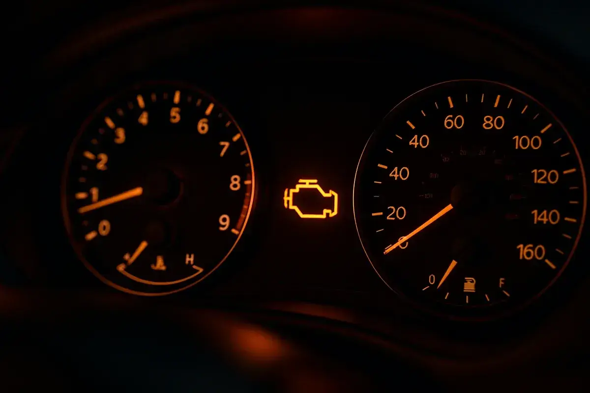 Pomarańczowa kontrolka check engine świeci się na desce rozdzielczej obok wskaźników obrotomierza i prędkościomierza.