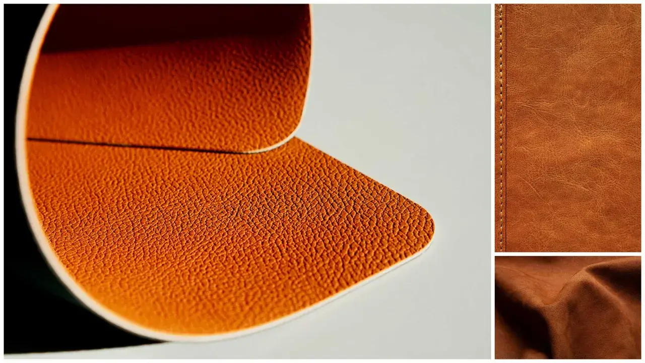 Gros plan sur des textures de cuir ou simili cuir marron, avec des détails de grain et de coutures.